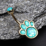Detail View 2 of Golden Adorable Paw Print Opalescent Sparkle Belly Button Ring-Teal