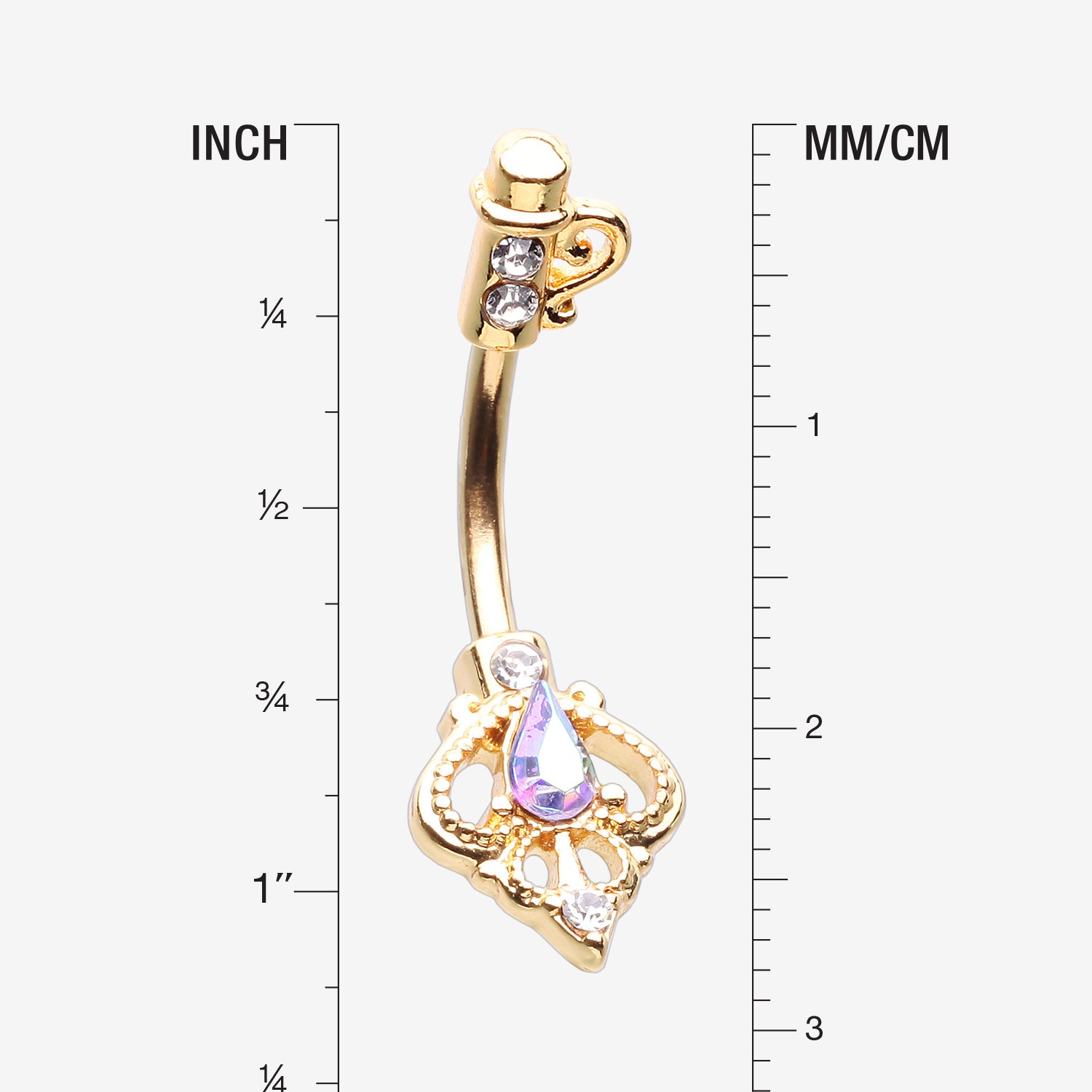 Detail View 1 of Golden Antique Victorian Sparkle Heart Key Belly Button Ring-Aurora Borealis