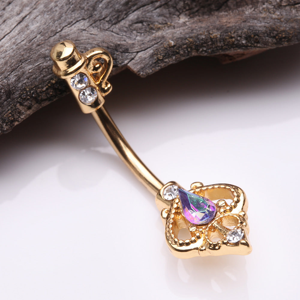 Detail View 2 of Golden Antique Victorian Sparkle Heart Key Belly Button Ring-Aurora Borealis