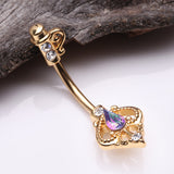 Detail View 2 of Golden Antique Victorian Sparkle Heart Key Belly Button Ring-Aurora Borealis