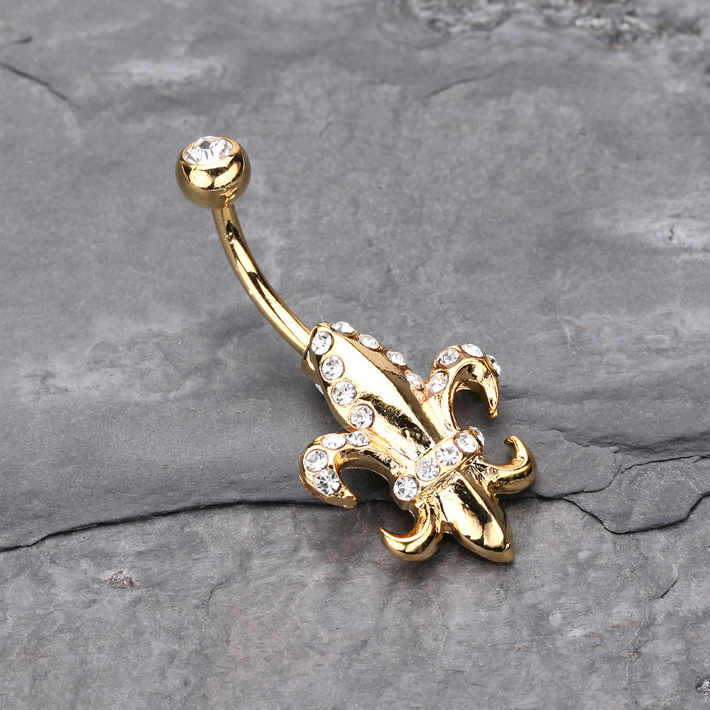 Detail View 2 of Golden Royal Fleur De Lis Belly Button Ring-Clear Gem