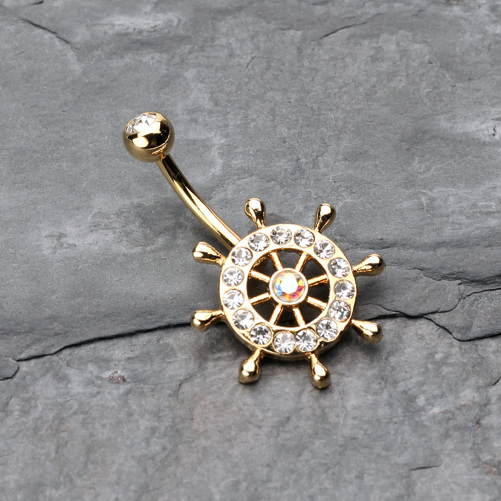 Detail View 2 of Golden Sparkle Anchor Wheel Belly Button Ring-Clear Gem