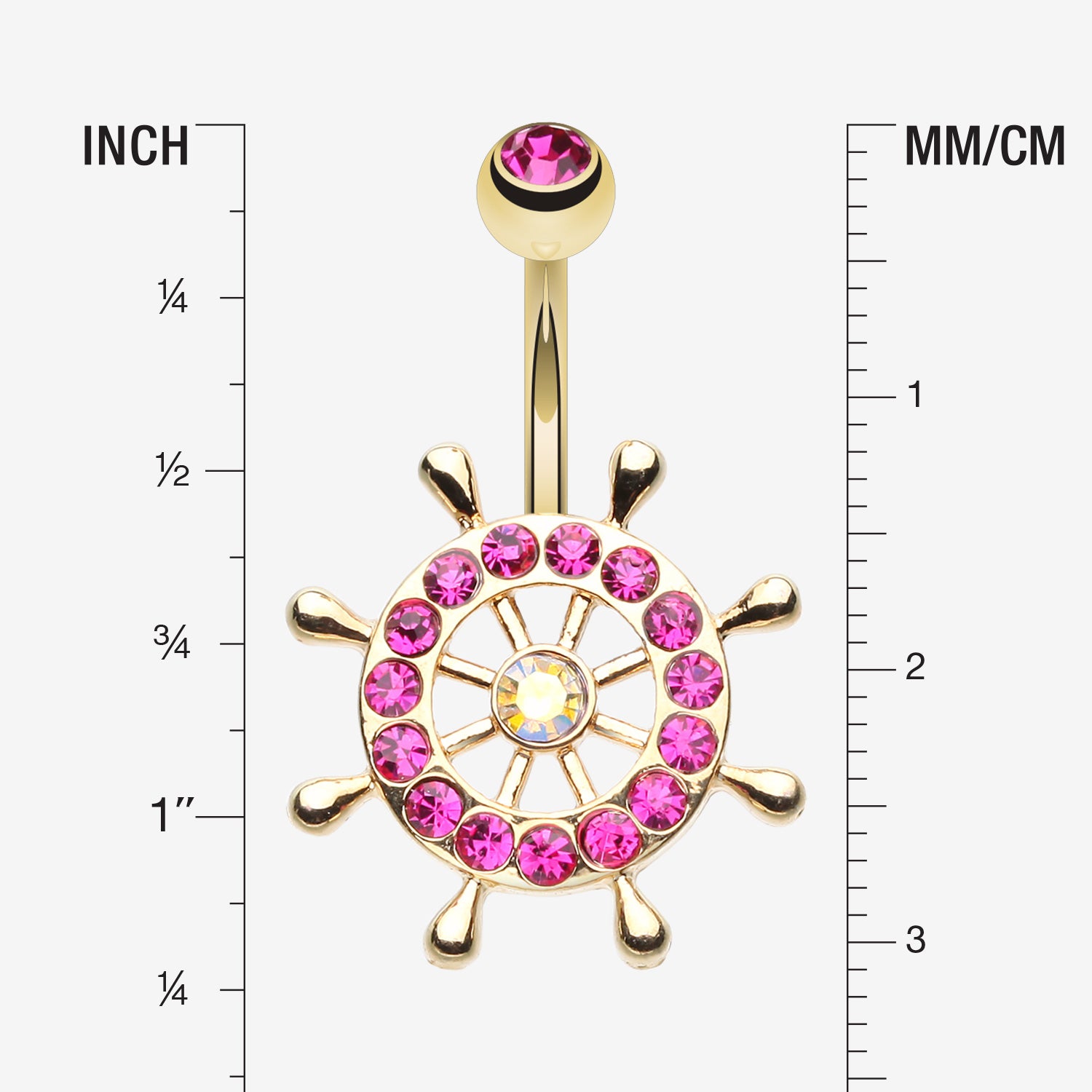 Detail View 1 of Golden Sparkle Anchor Wheel Belly Button Ring-Fuchsia