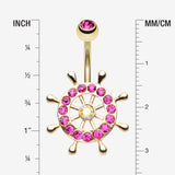 Detail View 1 of Golden Sparkle Anchor Wheel Belly Button Ring-Fuchsia