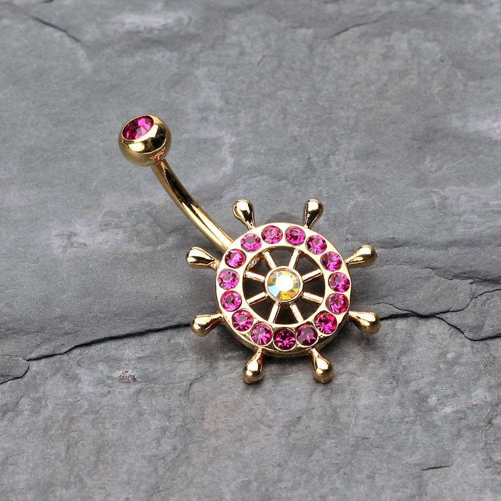 Detail View 2 of Golden Sparkle Anchor Wheel Belly Button Ring-Fuchsia