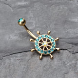 Detail View 2 of Golden Sparkle Anchor Wheel Belly Button Ring-Teal