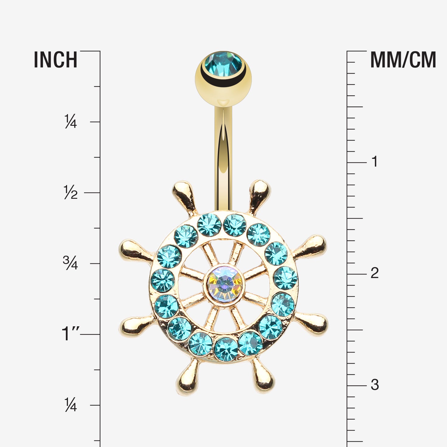 Detail View 1 of Golden Sparkle Anchor Wheel Belly Button Ring-Teal