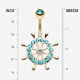 Detail View 1 of Golden Sparkle Anchor Wheel Belly Button Ring-Teal