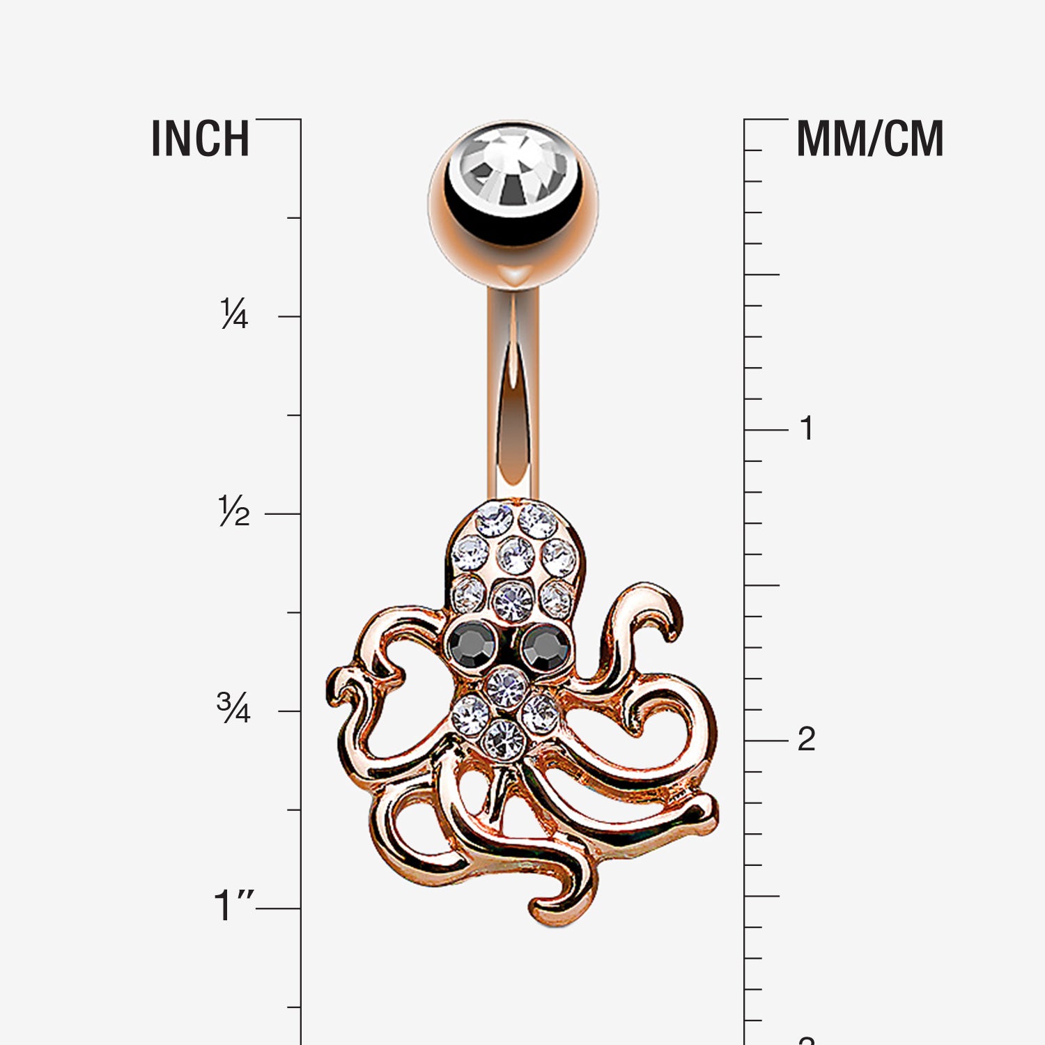 Detail View 1 of Rose Gold Evil Octopus Sparkle Belly Button Ring-Clear Gem