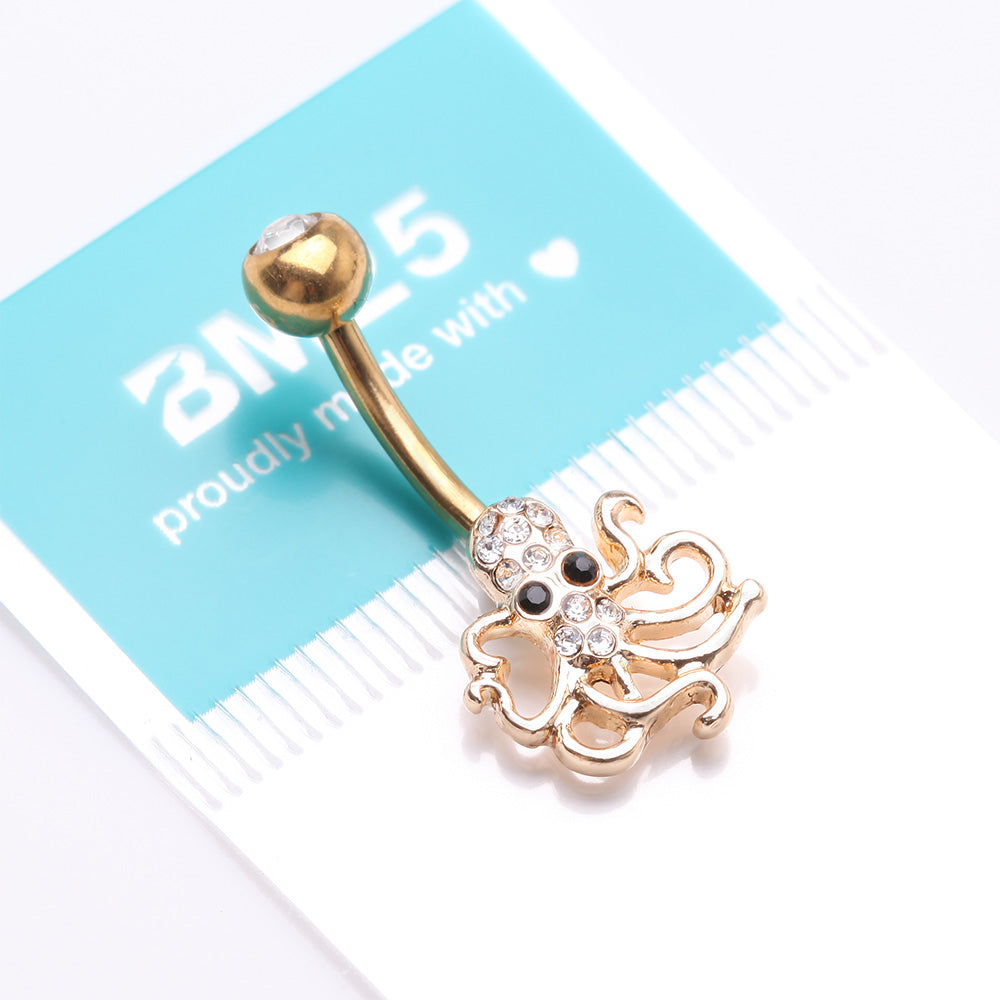 Detail View 4 of Golden Evil Octopus Sparkle Belly Button Ring-Clear Gem