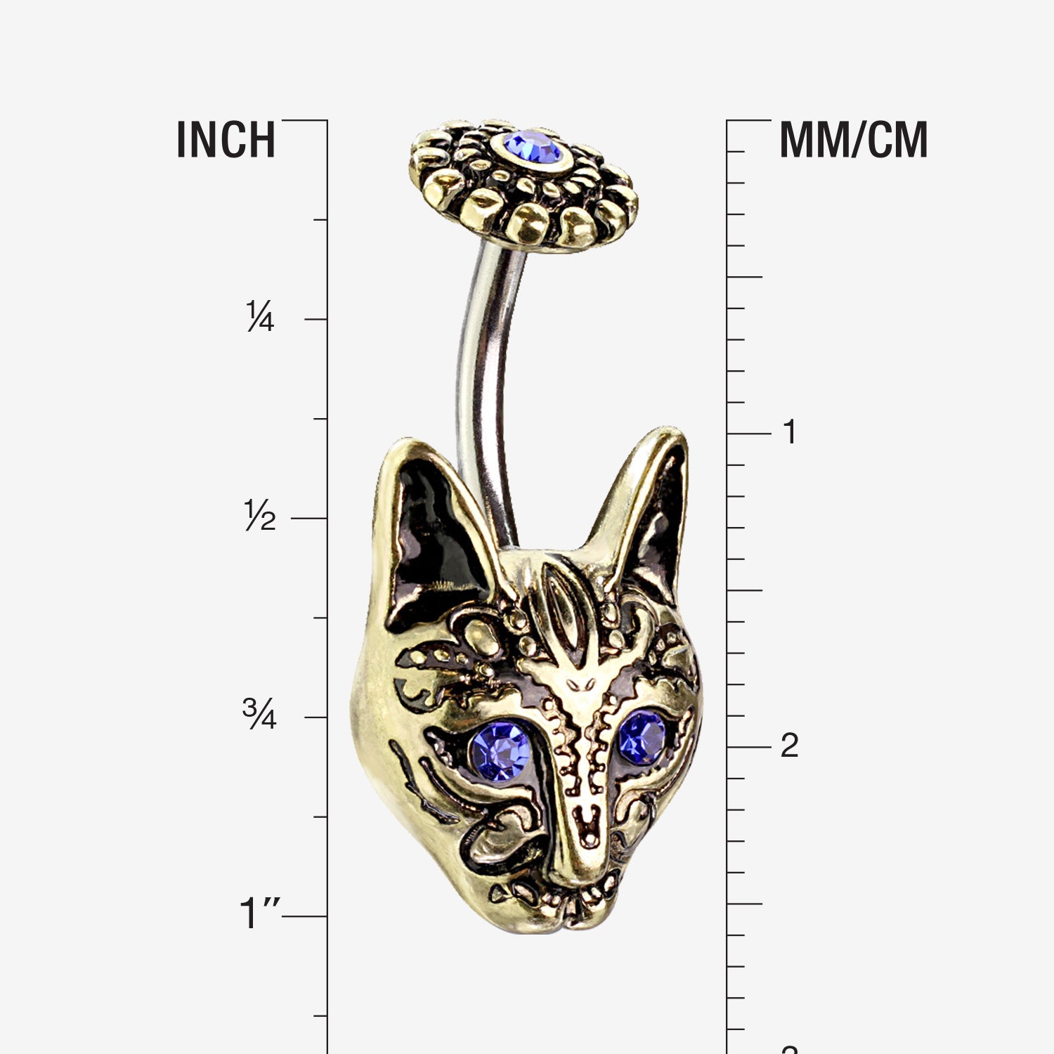 Detail View 1 of Golden Antique Mystic Blue Eyed Tribal Cat Belly Button Ring