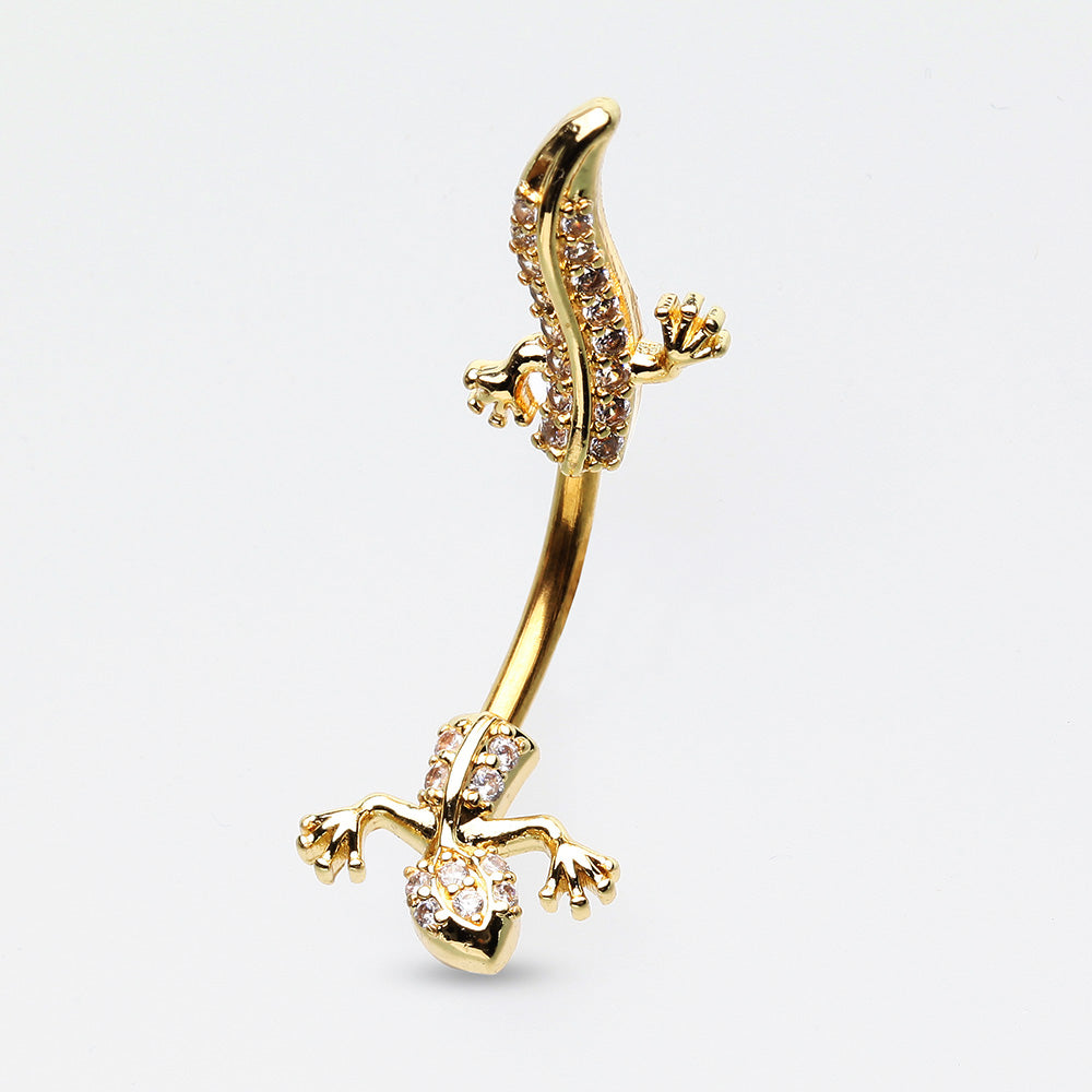 Detail View 3 of Golden Sparkle Gecko Lizard Belly Button Ring-Clear Gem
