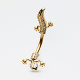 Detail View 3 of Golden Sparkle Gecko Lizard Belly Button Ring-Clear Gem