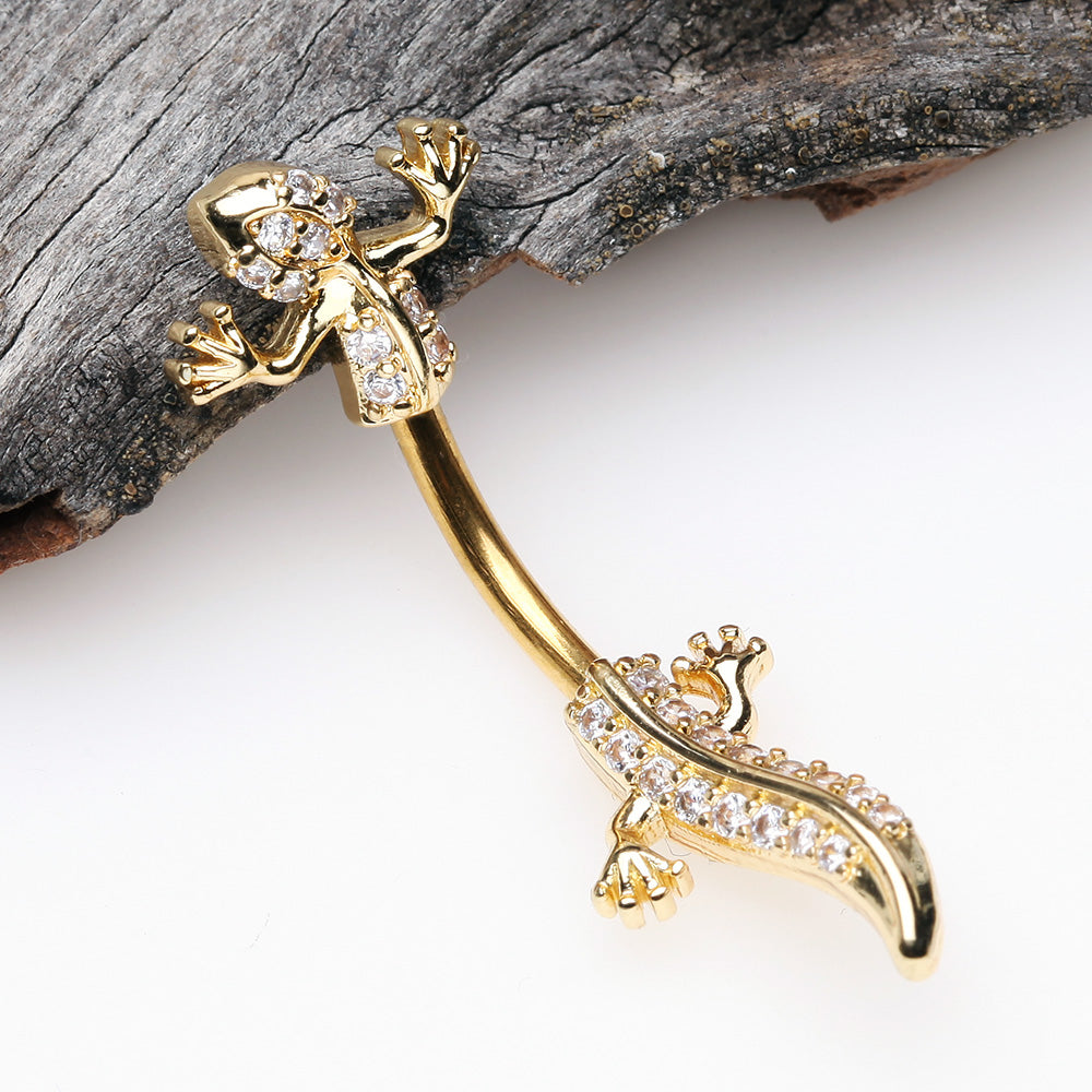 Detail View 2 of Golden Sparkle Gecko Lizard Belly Button Ring-Clear Gem