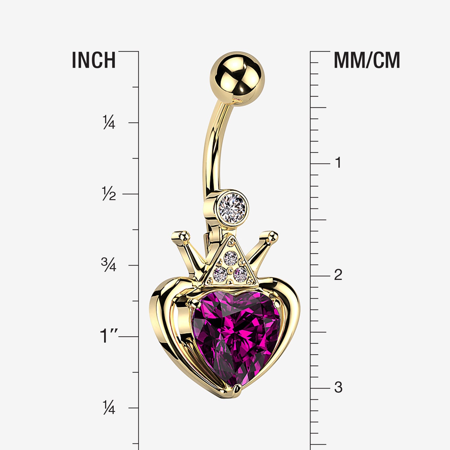 Detail View 1 of Golden Majestic Queen's Crown Heart Sparkle Belly Button Ring-Fuchsia