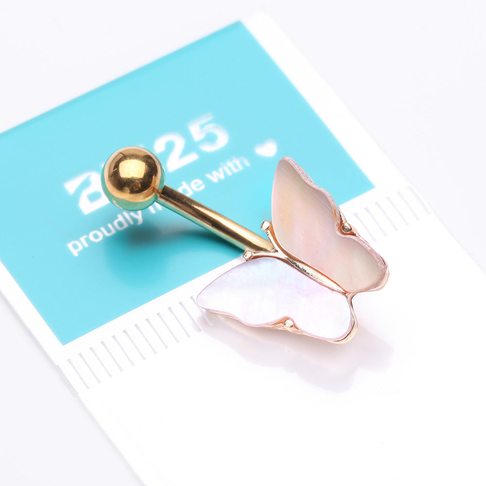 Detail View 3 of Golden Iridescent Natural Shell Butterfly Belly Button Ring
