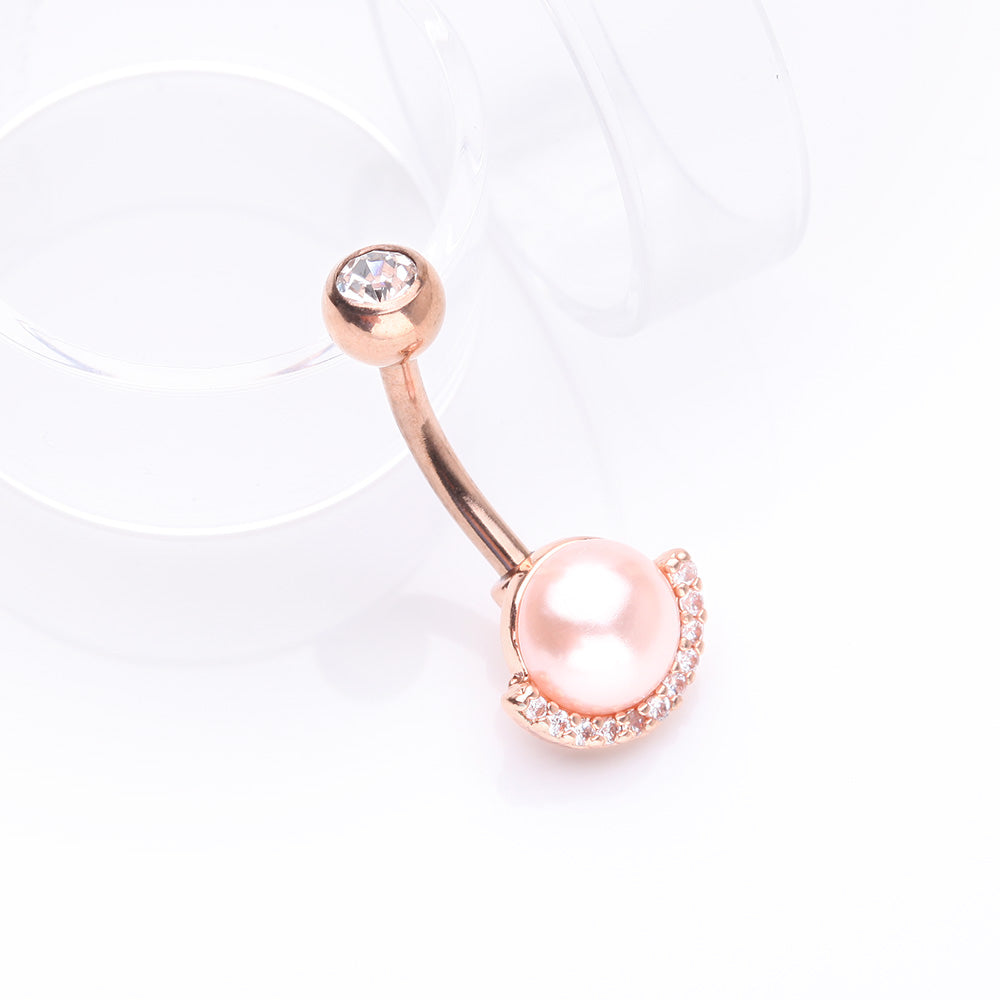 Detail View 2 of Rose Gold Pearlescent Sparkle Crescent Rim Belly Button Ring-Pink