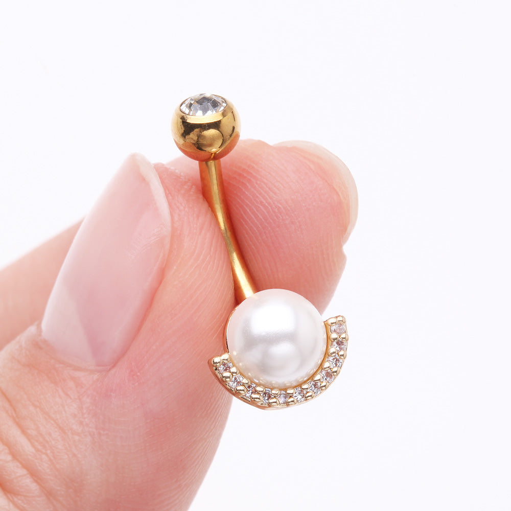 Detail View 3 of Golden Pearlescent Sparkle Crescent Rim Belly Button Ring-Clear Gem