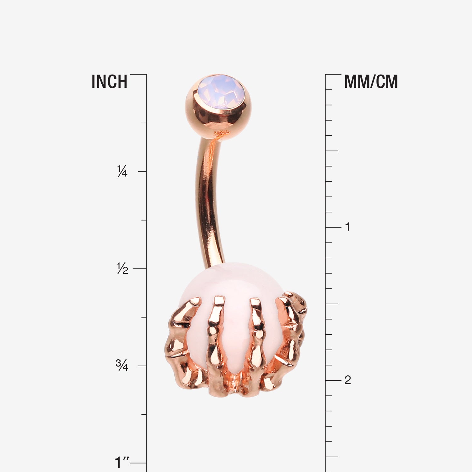 Detail View 1 of Rose Gold Rose Quartz Stone Orb Shine Skeleton Hand Belly Button Ring