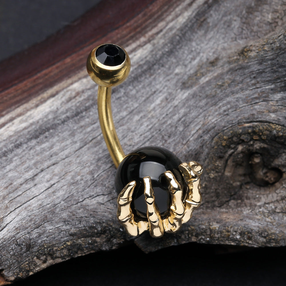 Detail View 2 of Golden Onyx Stone Orb Shine Skeleton Hand Belly Button Ring