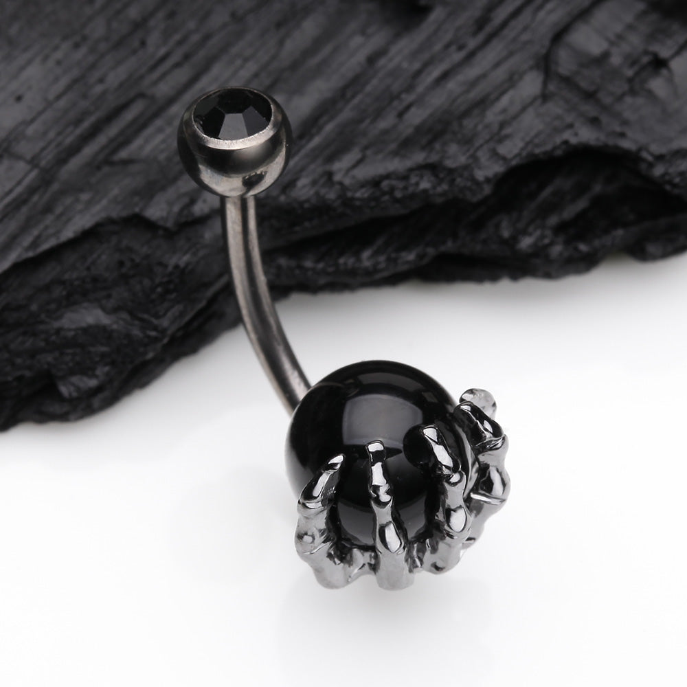 Detail View 2 of Gunmetal Onyx Stone Orb Shine Skeleton Hand Belly Button Ring