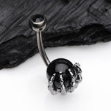 Detail View 2 of Gunmetal Onyx Stone Orb Shine Skeleton Hand Belly Button Ring