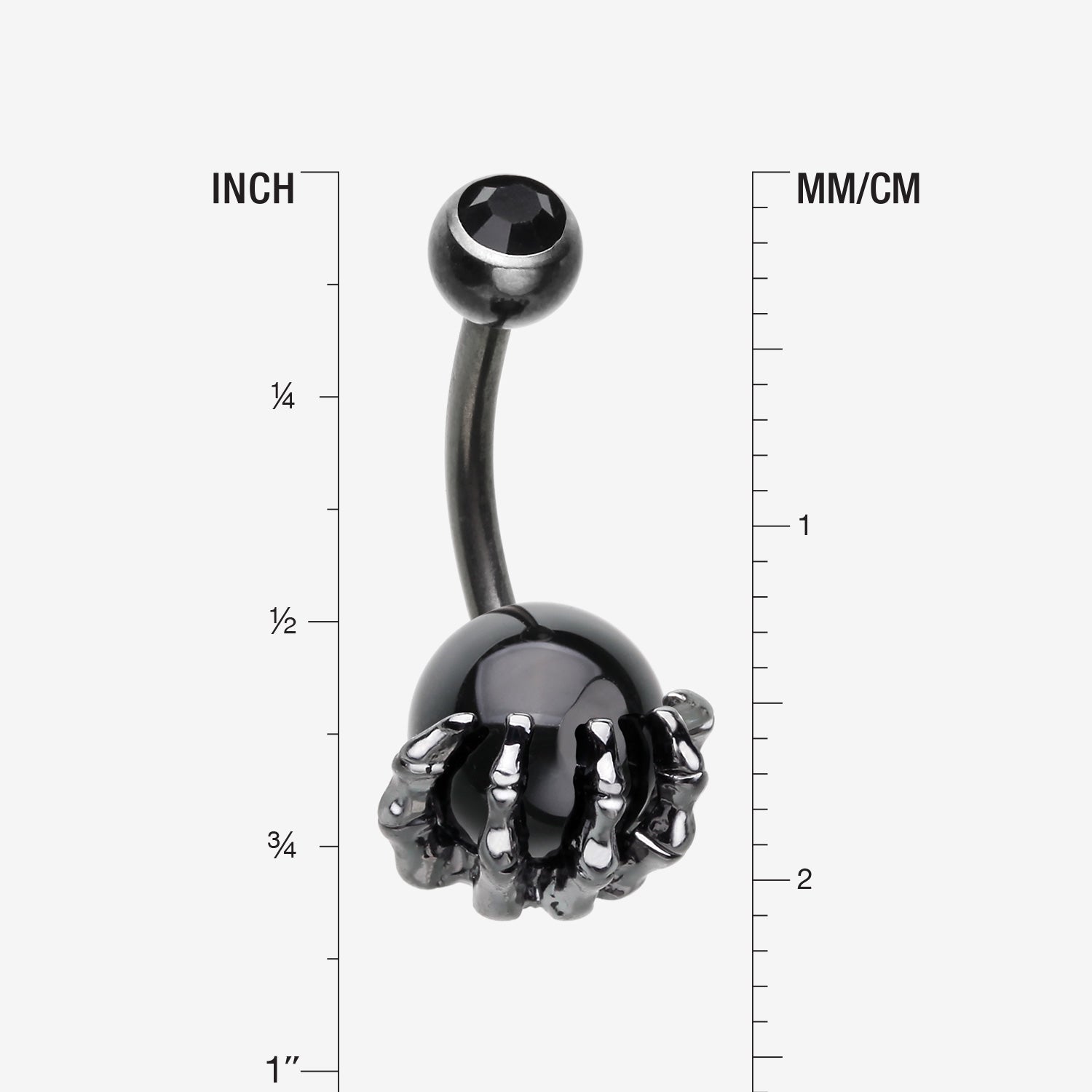 Detail View 1 of Gunmetal Onyx Stone Orb Shine Skeleton Hand Belly Button Ring