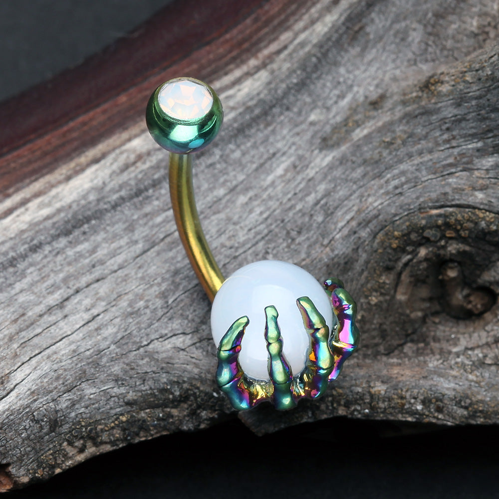 Detail View 2 of Colorline Moonstone Orb Shine Skeleton Hand Belly Button Ring