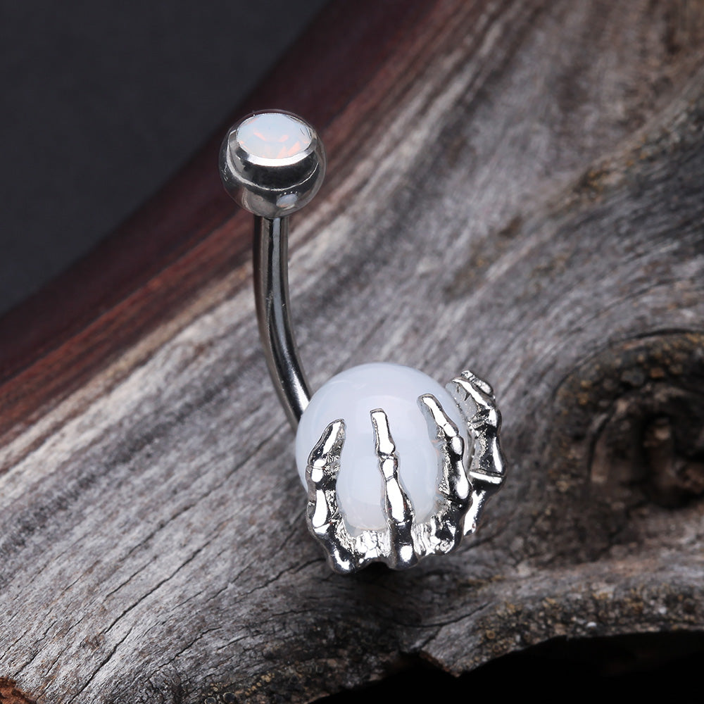 Detail View 2 of Moonstone Orb Shine Skeleton Hand Belly Button Ring