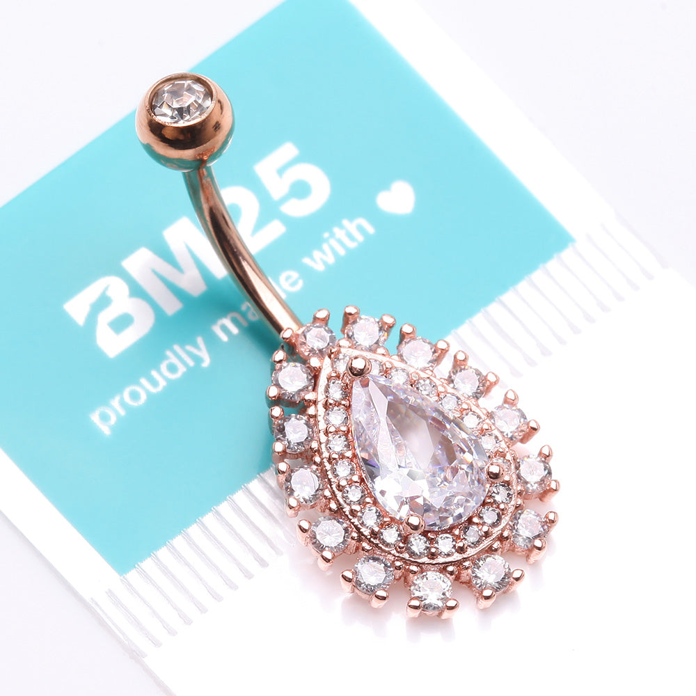 Detail View 4 of Rose Gold Brilliant Teardrop Grand Sparkle Belly Button Ring-Clear Gem