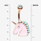 Detail View 1 of Rose Gold Stay Magical Unicorn Sparkle Belly Button Ring-Aqua