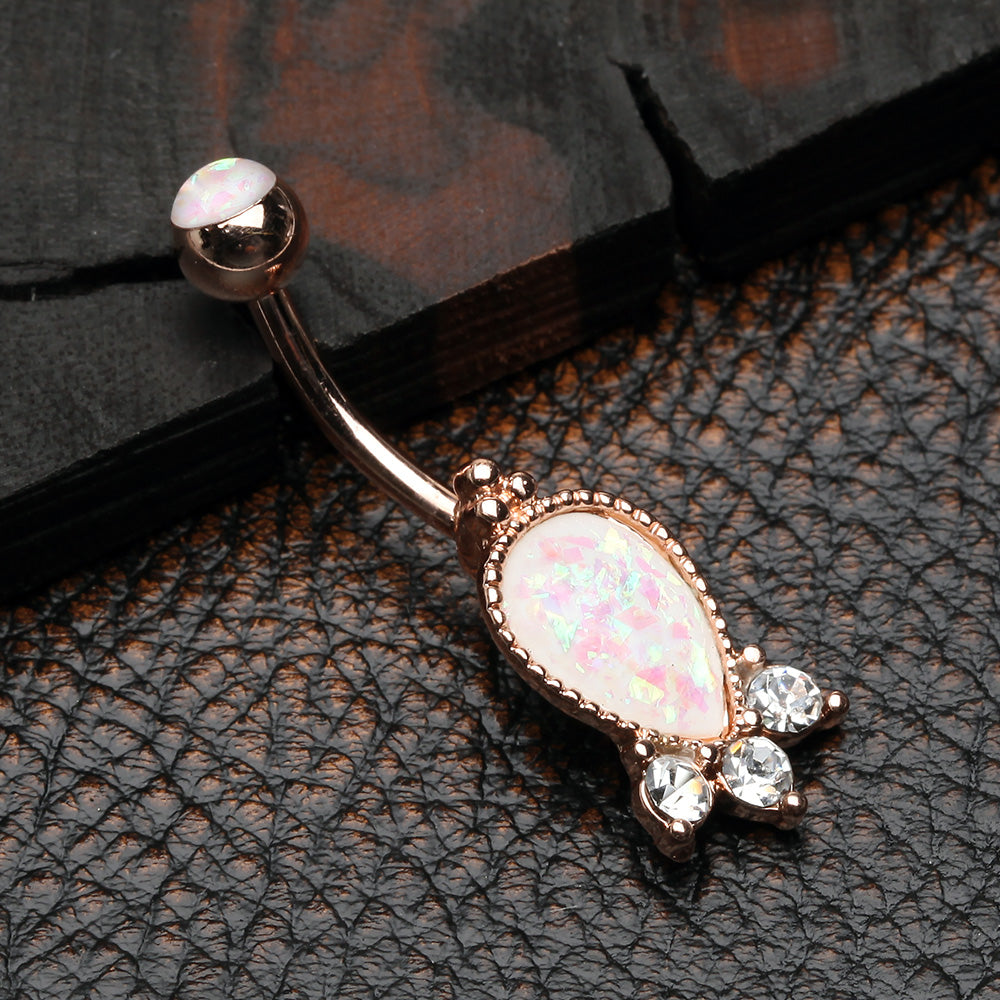 Detail View 2 of Rose Gold Victorian Adorn Opalescent Sparkle Belly Button Ring-White/Clear