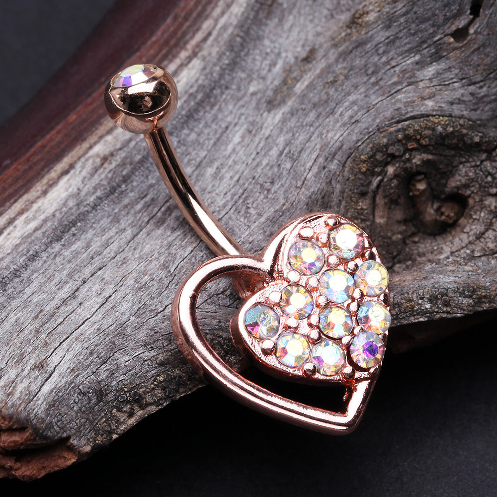 Detail View 2 of Rose Gold Sparkle Heart in Heart Belly Button Ring-Aurora Borealis