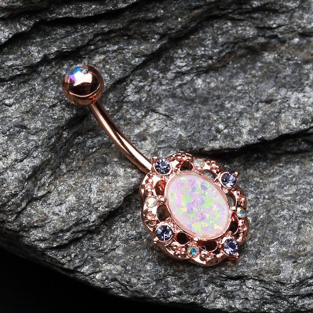 Detail View 2 of Rose Gold Florid Opal Sparkle Belly Button Ring-Aurora Borealis/Tanzanite
