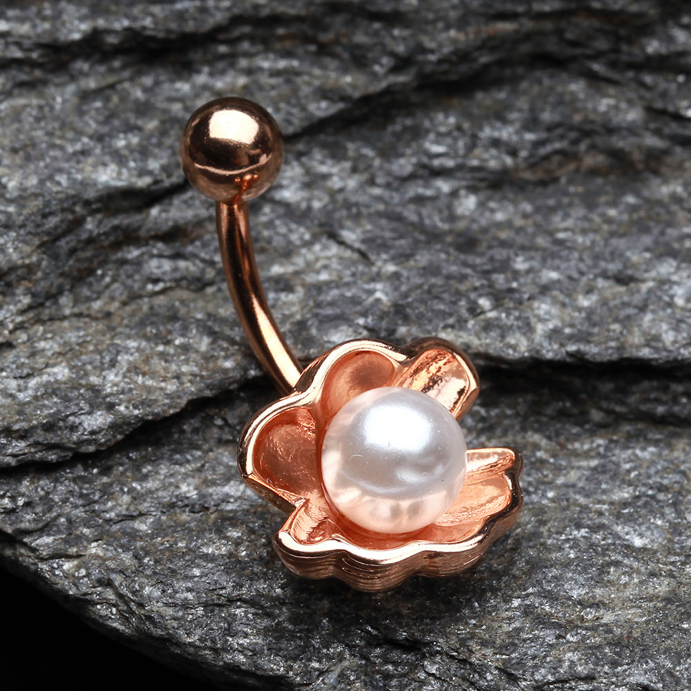 Detail View 2 of Rose Gold Ariel's Shell with Pearl Belly Button Ring-White