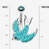 Detail View 1 of Multi-Gem Sparkle Swallow Multi-Gem Belly Button Ring-Teal