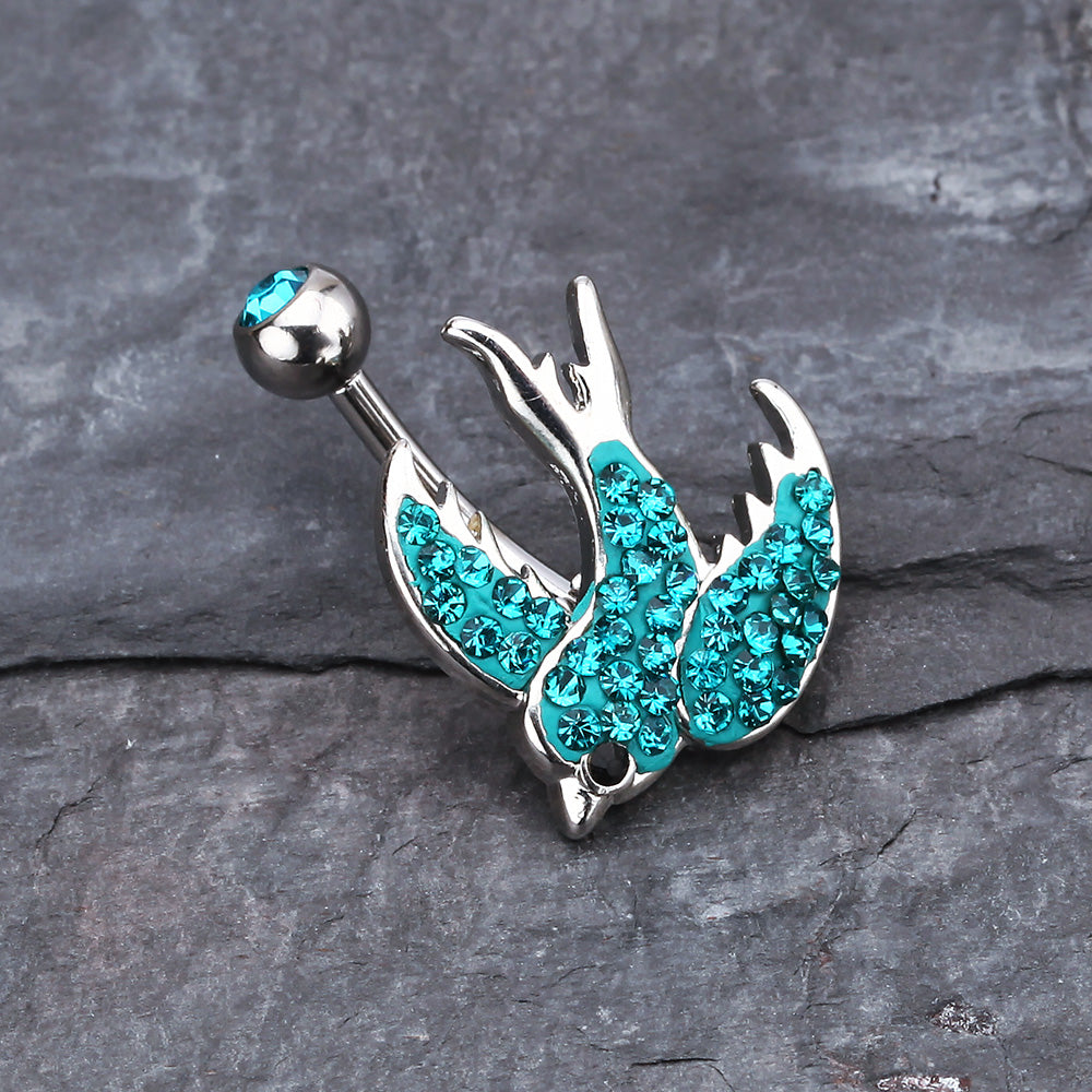 Detail View 2 of Multi-Gem Sparkle Swallow Multi-Gem Belly Button Ring-Teal