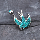 Detail View 2 of Multi-Gem Sparkle Swallow Multi-Gem Belly Button Ring-Teal