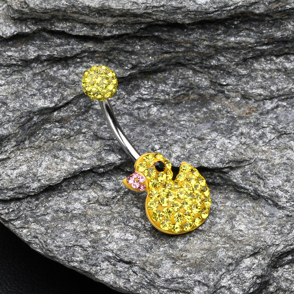 Detail View 2 of Cute Rubber Duck Multi-Gem Sparkle Belly Button Ring-Yellow