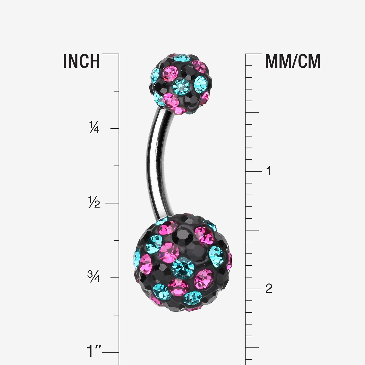Detail View 1 of Retro Motley Multi-Gem Sparkle Belly Button Ring-Teal/Fuchsia/Black