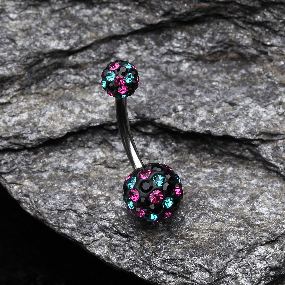 Detail View 2 of Retro Motley Multi-Gem Sparkle Belly Button Ring-Teal/Fuchsia/Black