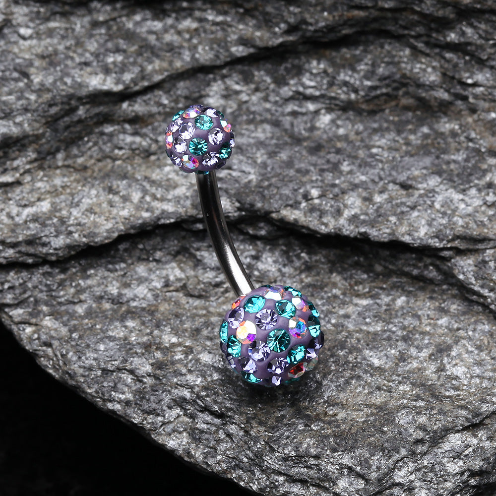Detail View 2 of Retro Motley Multi-Gem Sparkle Belly Button Ring-Teal/Tanzanite/Aurora Borealis