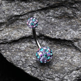Detail View 2 of Retro Motley Multi-Gem Sparkle Belly Button Ring-Teal/Tanzanite/Aurora Borealis
