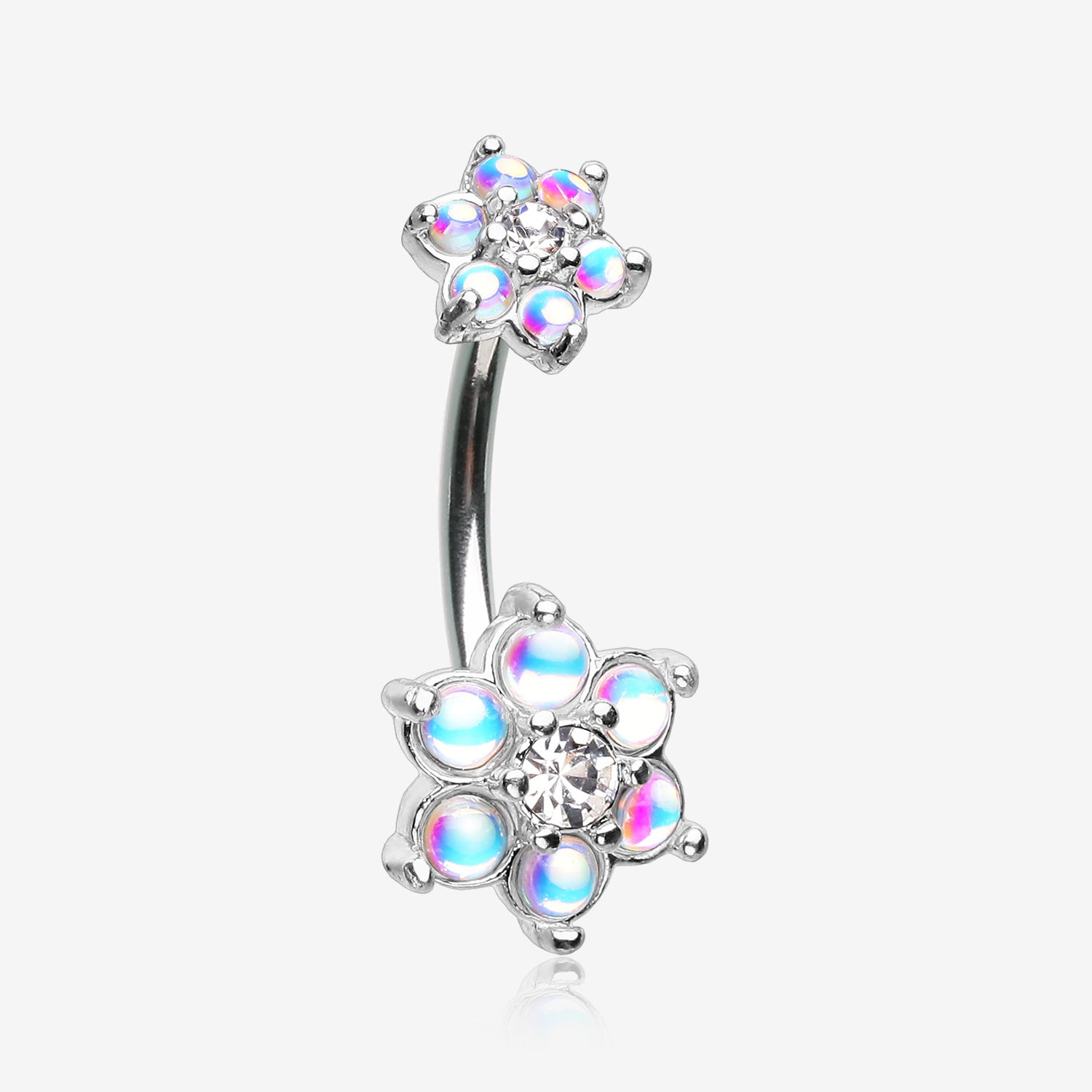 Iridescent Revo Spring Flower Sparkle Prong Set Belly Button Ring-Clear Gem
