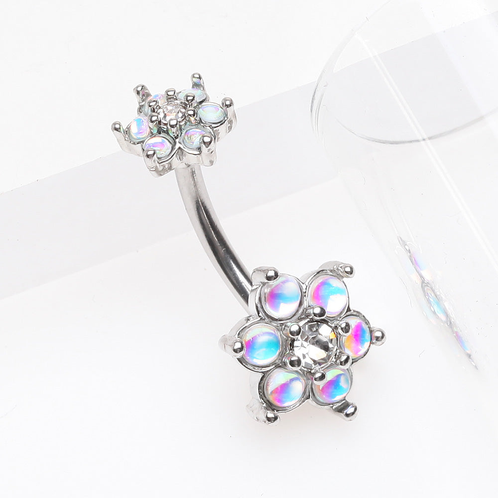 Detail View 2 of Iridescent Revo Spring Flower Sparkle Prong Set Belly Button Ring-Clear Gem
