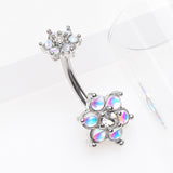 Detail View 2 of Iridescent Revo Spring Flower Sparkle Prong Set Belly Button Ring-Clear Gem