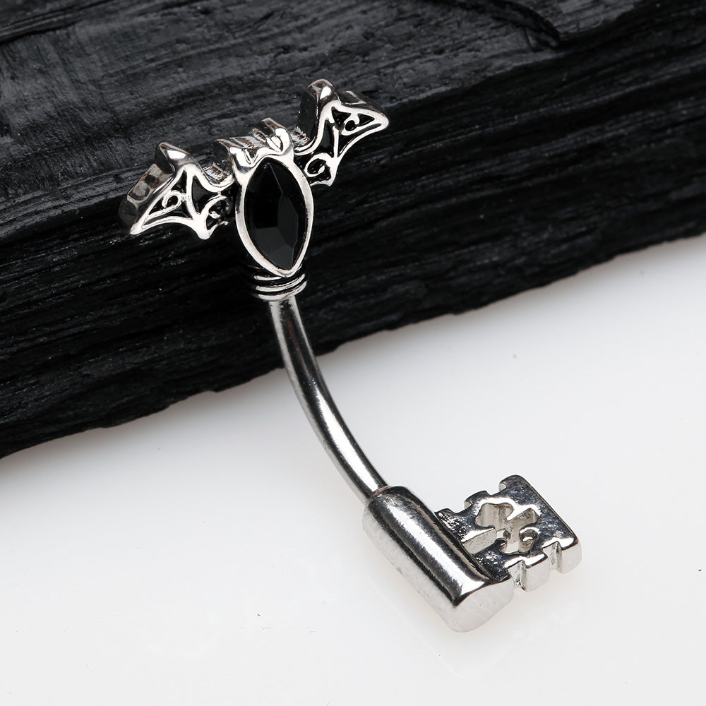 Detail View 2 of Victorian Goth Bat Sparkle Key Belly Button Ring-Black