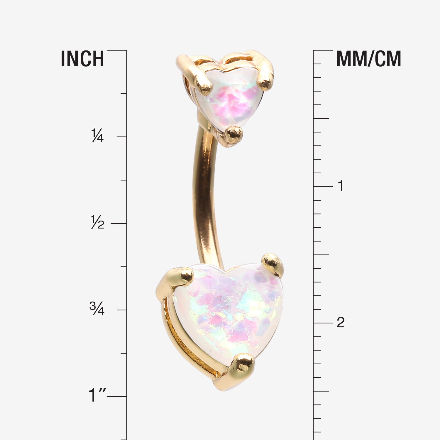 Detail View 1 of Golden Opalescent Double Heart Prong Set Belly Button Ring-White