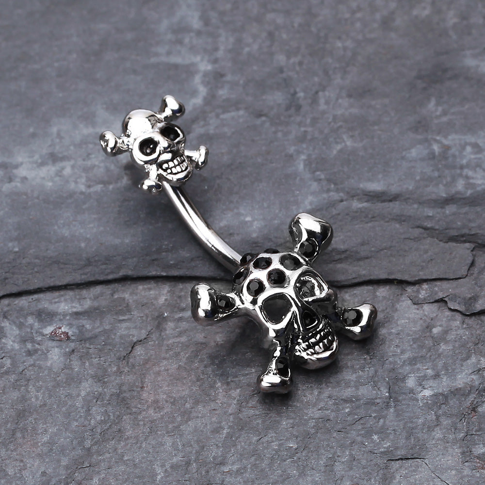 Detail View 2 of Double Pirate Skull Belly Button Ring-Black