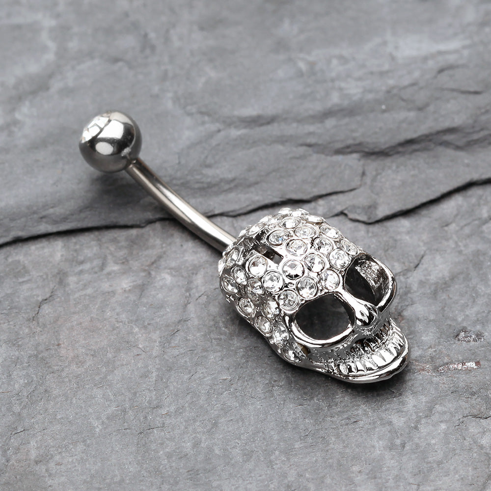 Detail View 2 of Cross Gem Paved Hardcore Skull Belly Button Ring-Clear Gem
